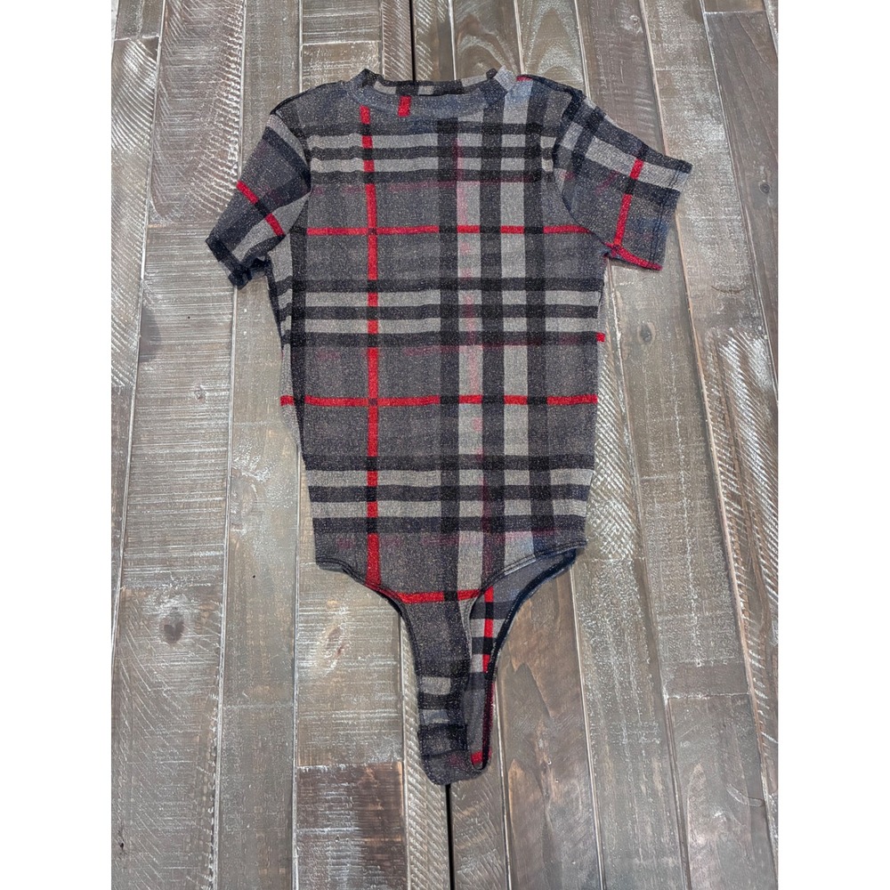 Plaid‎ Bodysuit Short Sleeve Gray Red Black Checkered Top